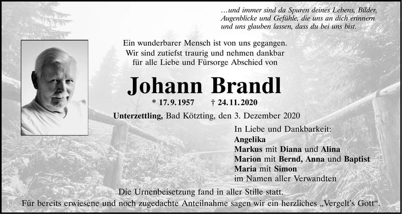 Traueranzeige Johann Brandl