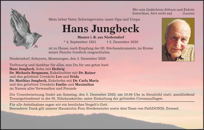 Traueranzeige Hans Jungbeck