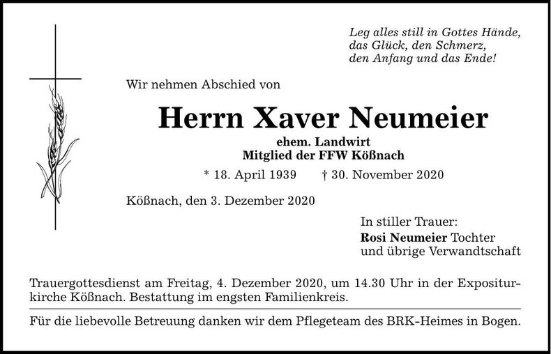 Traueranzeige Xaver Neumeier