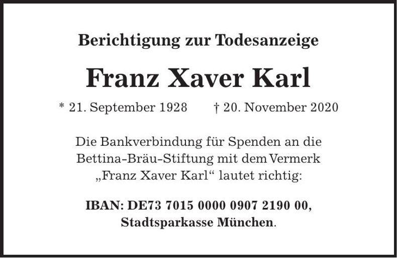 Traueranzeige Franz Xaver Karl