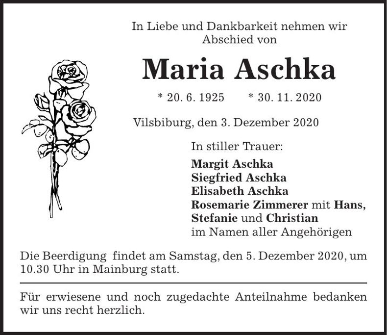 Traueranzeige Maria Aschka