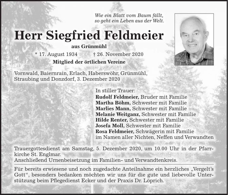 Traueranzeige Siegfried Feldmeier