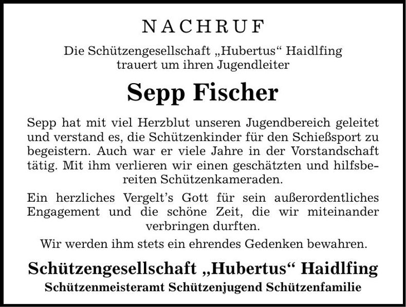 Traueranzeige Josef Fischer