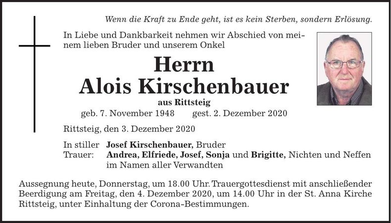 Traueranzeige Alois Kirschenbauer
