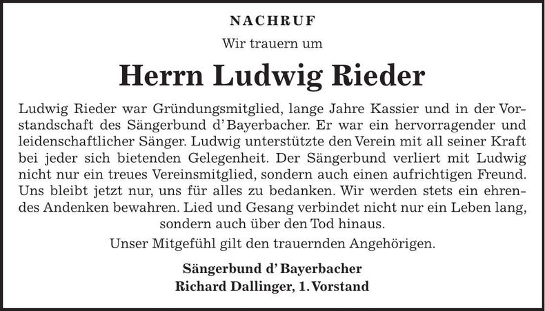 Traueranzeige Ludwig Rieder