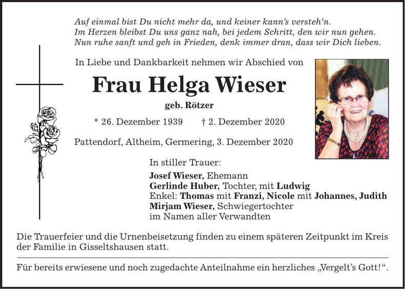 Traueranzeige Helga Wieser