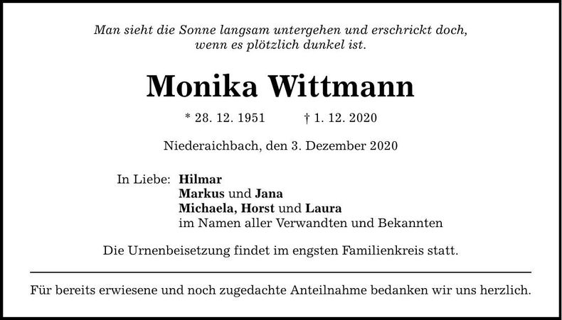 Traueranzeige Monika Wittmann