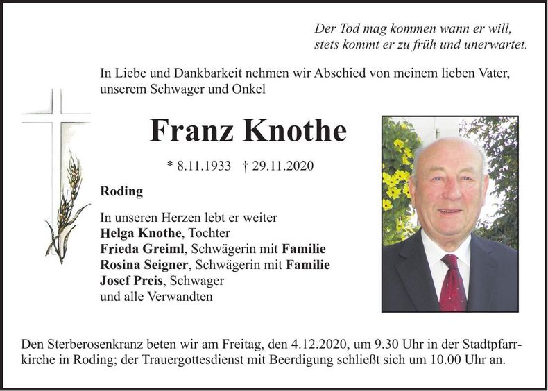 Traueranzeige Franz Knothe