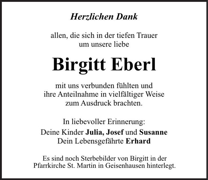 Traueranzeige Birgitt Eberl