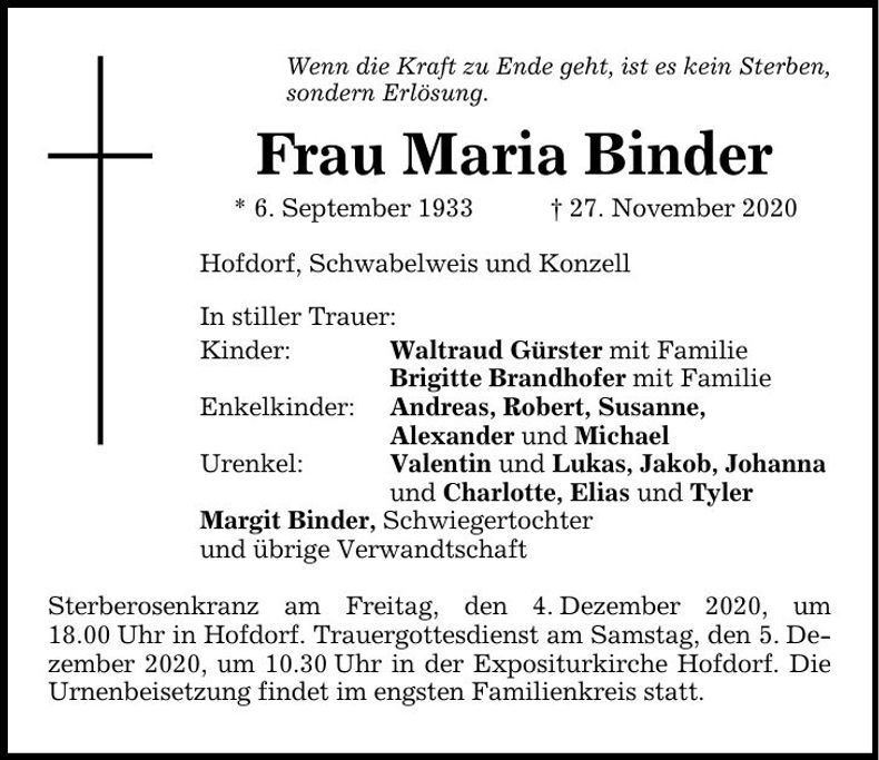Traueranzeige Maria Binder
