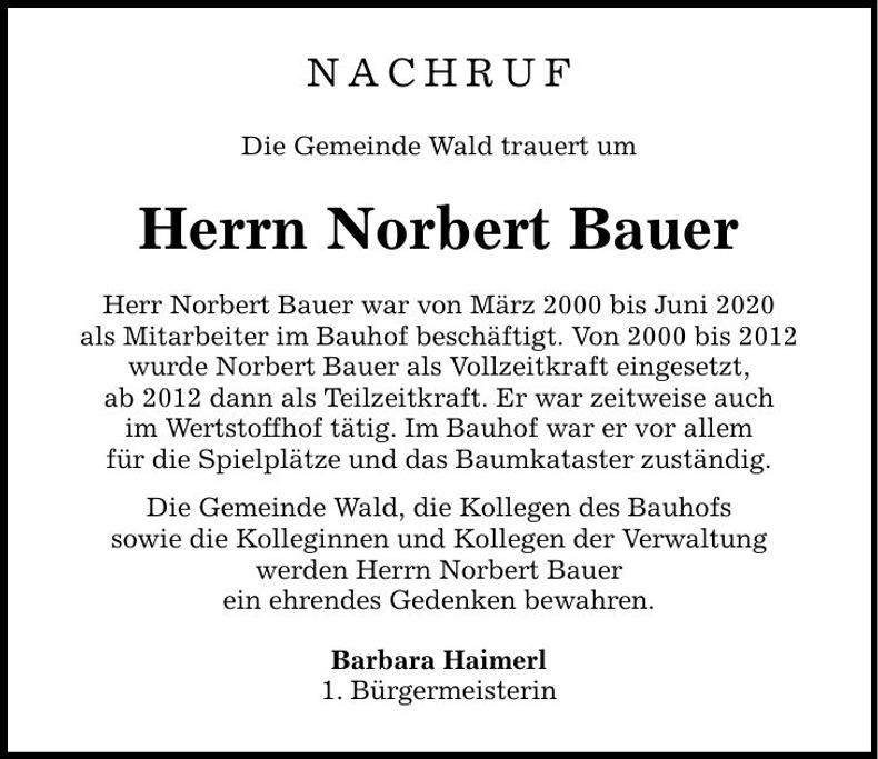 Traueranzeige Norbert Bauer