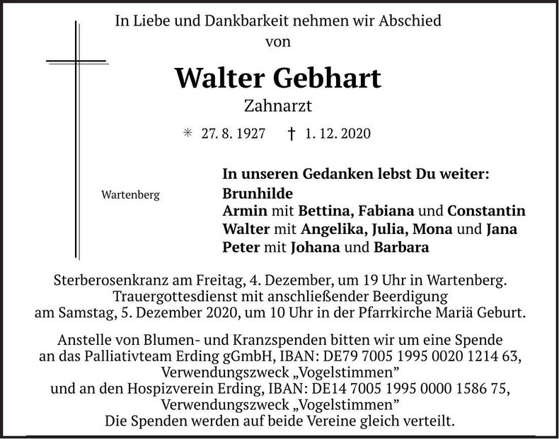 Traueranzeige Walter Gebhart