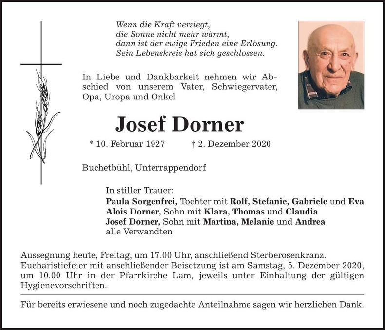 Traueranzeige Josef Dorner