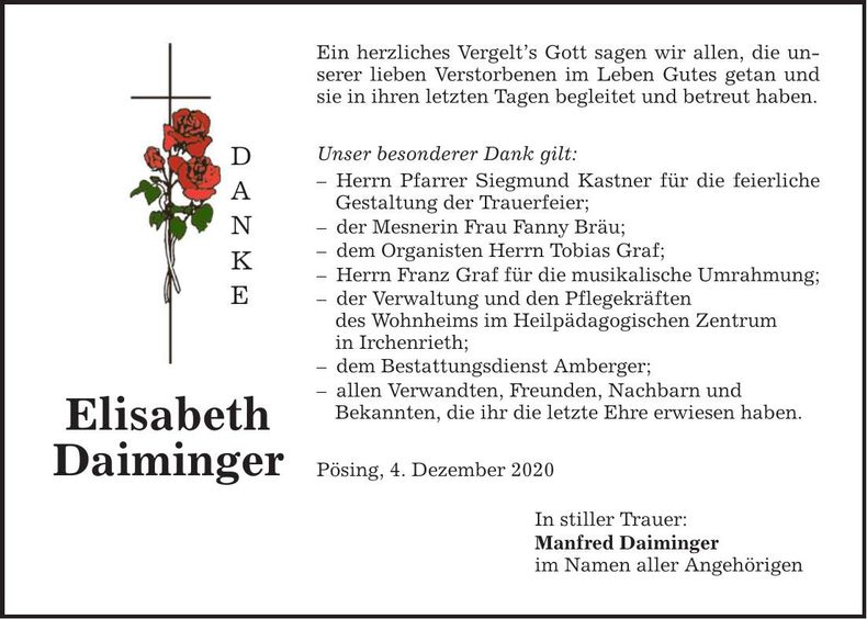 Traueranzeige Elisabeth Daiminger