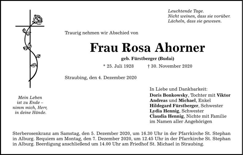 Traueranzeige Rosa Ahorner