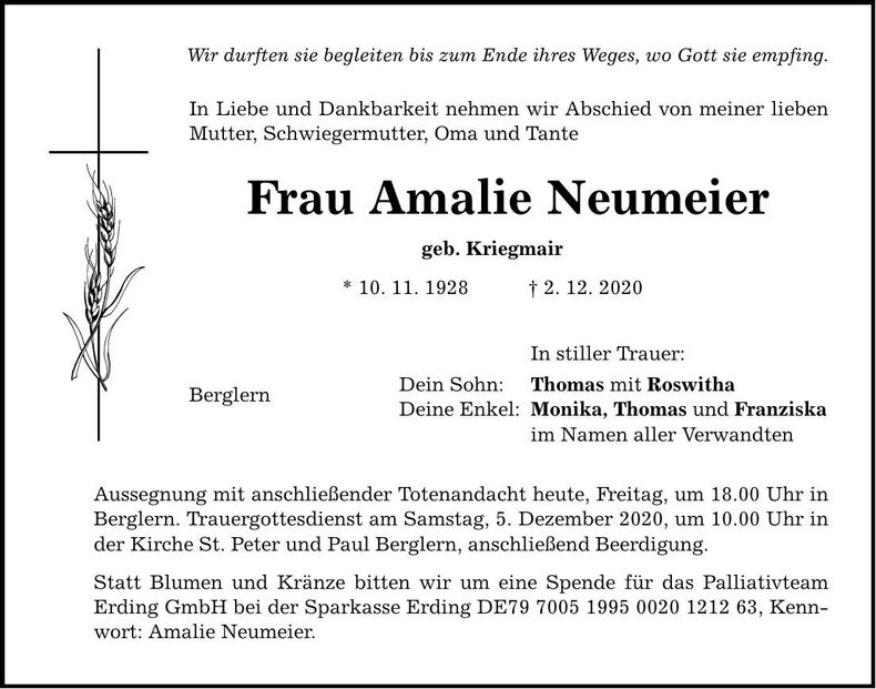 Traueranzeige Amalie Neumeier