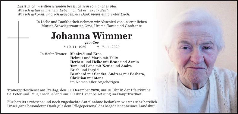 Traueranzeige Johanna Wimmer