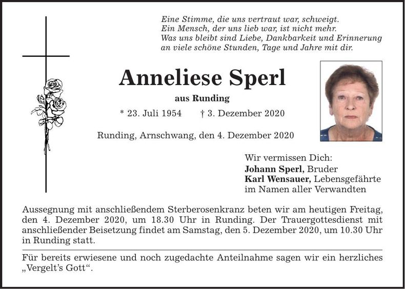 Traueranzeige Anneliese Sperl