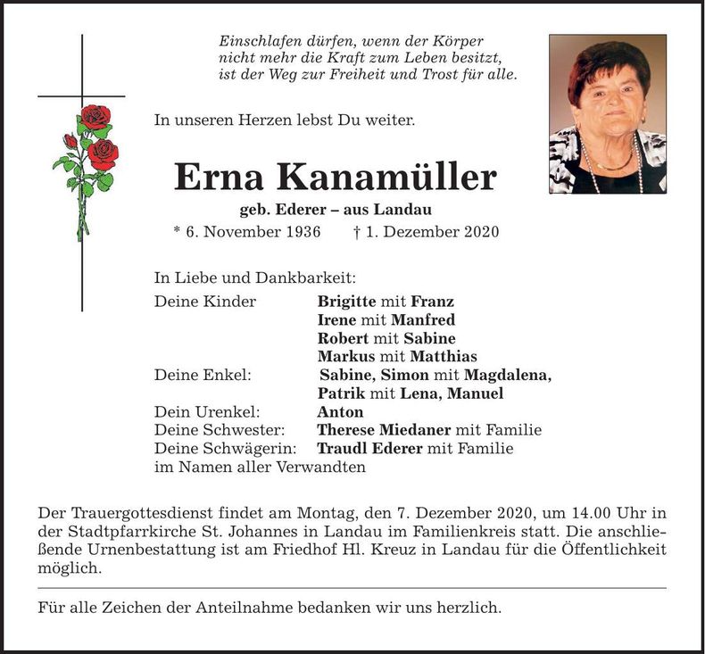 Traueranzeige Erna Kanamüller