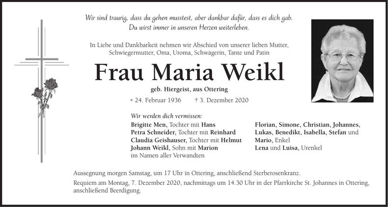 Traueranzeige Maria Weikl