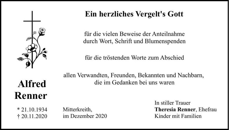 Traueranzeige Alfred Renner