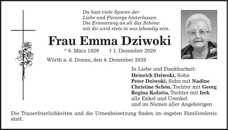 Traueranzeige Emma Dziwoki