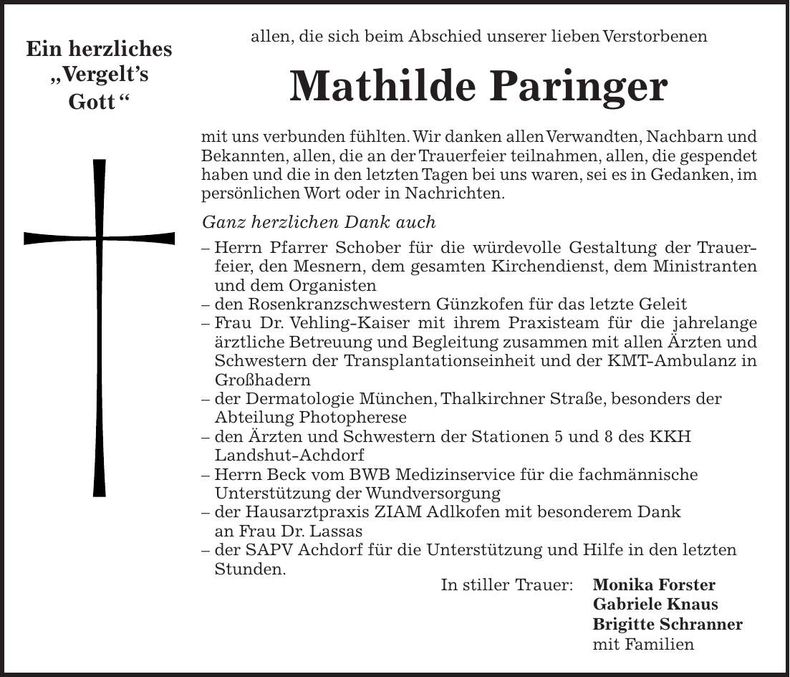 Traueranzeige Mathilde Paringer