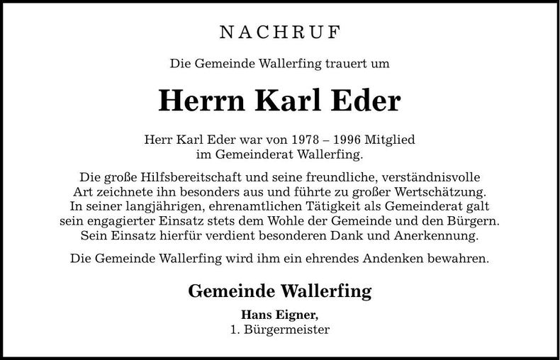 Traueranzeige Karl Eder