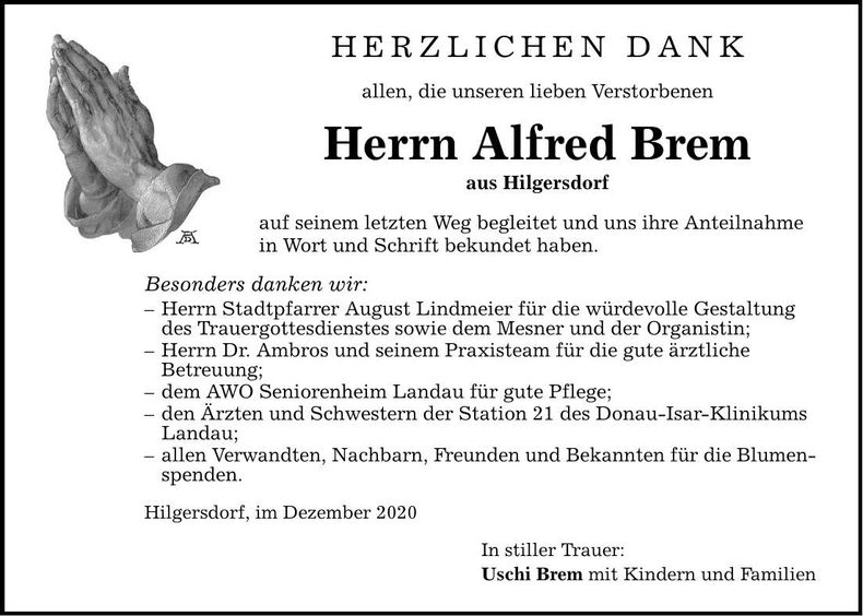 Traueranzeige Alfred Brem