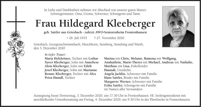 Traueranzeige Hildegard Kleeberger