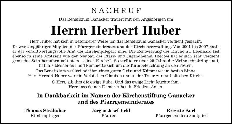 Traueranzeige Herbert Huber