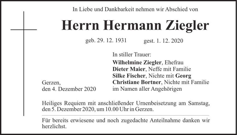 Traueranzeige Hermann Ziegler