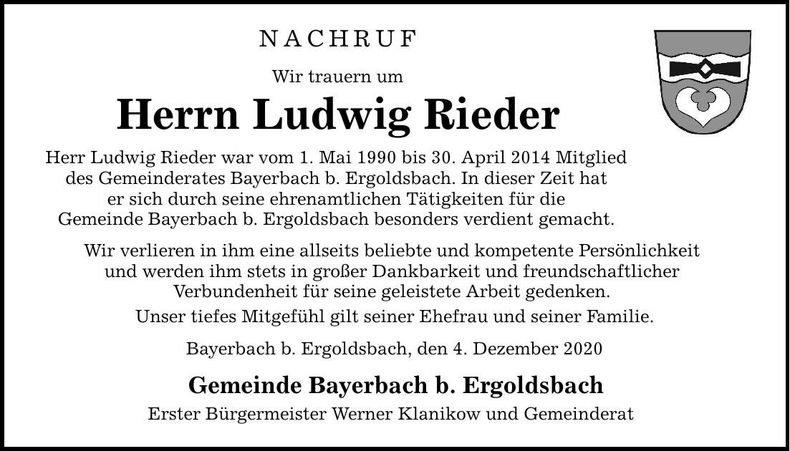 Traueranzeige Ludwig Rieder