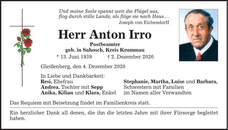Traueranzeige Anton Irro
