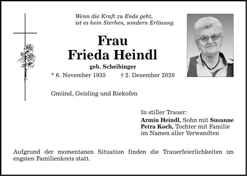 Traueranzeige Frieda Heindl