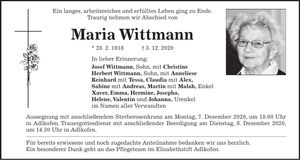 Traueranzeige Maria Wittmann