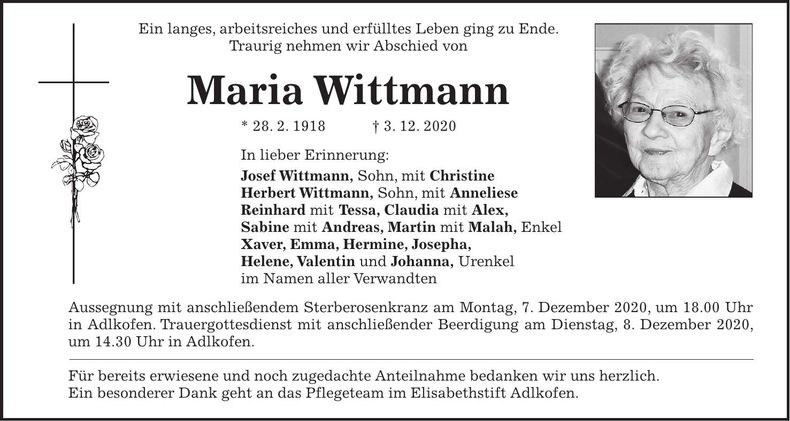 Traueranzeige Maria Wittmann