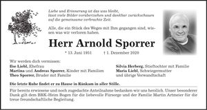 Traueranzeige Arnold Sporrer