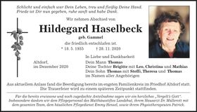 Traueranzeige Hildegard Haselbeck