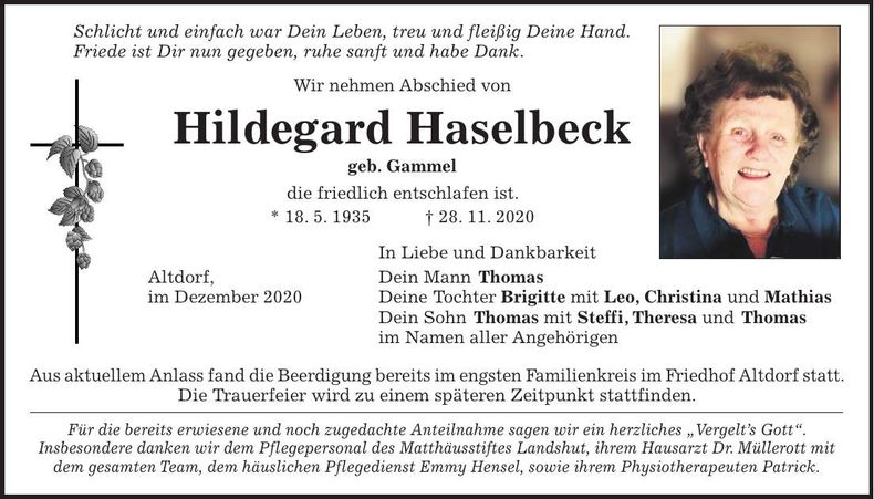 Traueranzeige Hildegard Haselbeck
