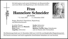 Traueranzeige Hannelore Schneider