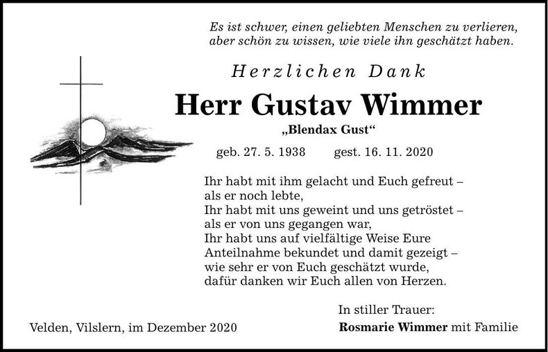 Traueranzeige Gustav Wimmer