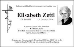 Traueranzeige Elisabeth Zettl