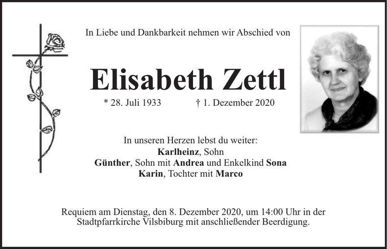 Traueranzeige Elisabeth Zettl