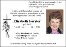 Traueranzeige Elisabeth Forster