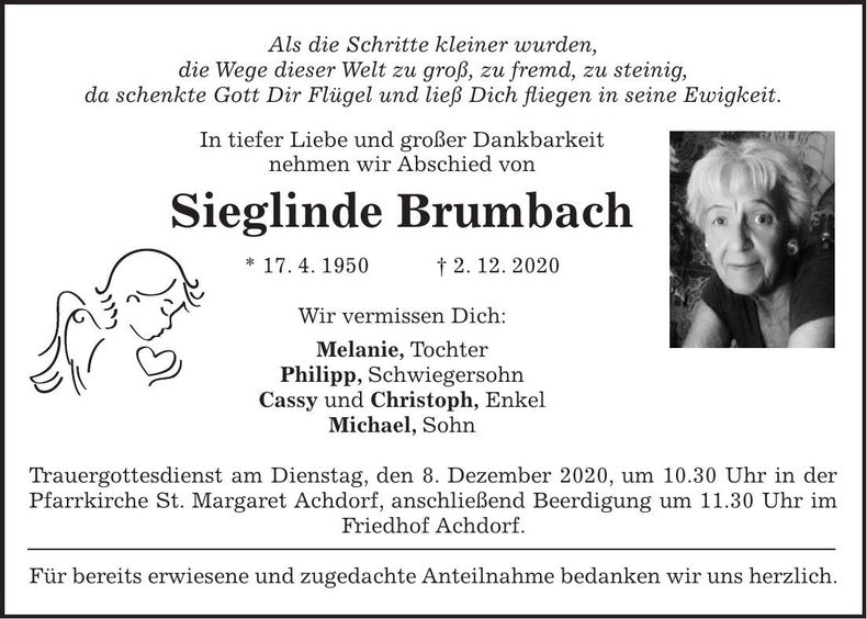 Traueranzeige Sieglinde Brumbach