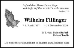 Traueranzeige Wilhelm Fillinger