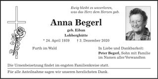 Traueranzeige Anna Begerl