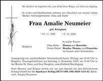 Traueranzeige Amalie Neumeier