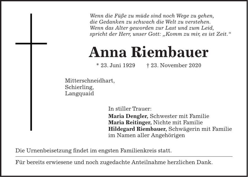 Traueranzeige Anna Riembauer